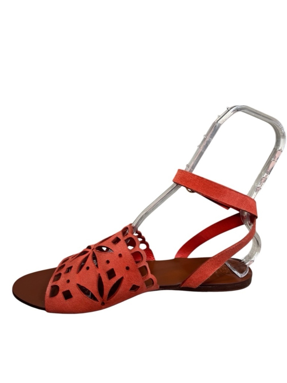 Tory Burch May Perforated Orange Suede Sandals Size 10 Coral Red Orange